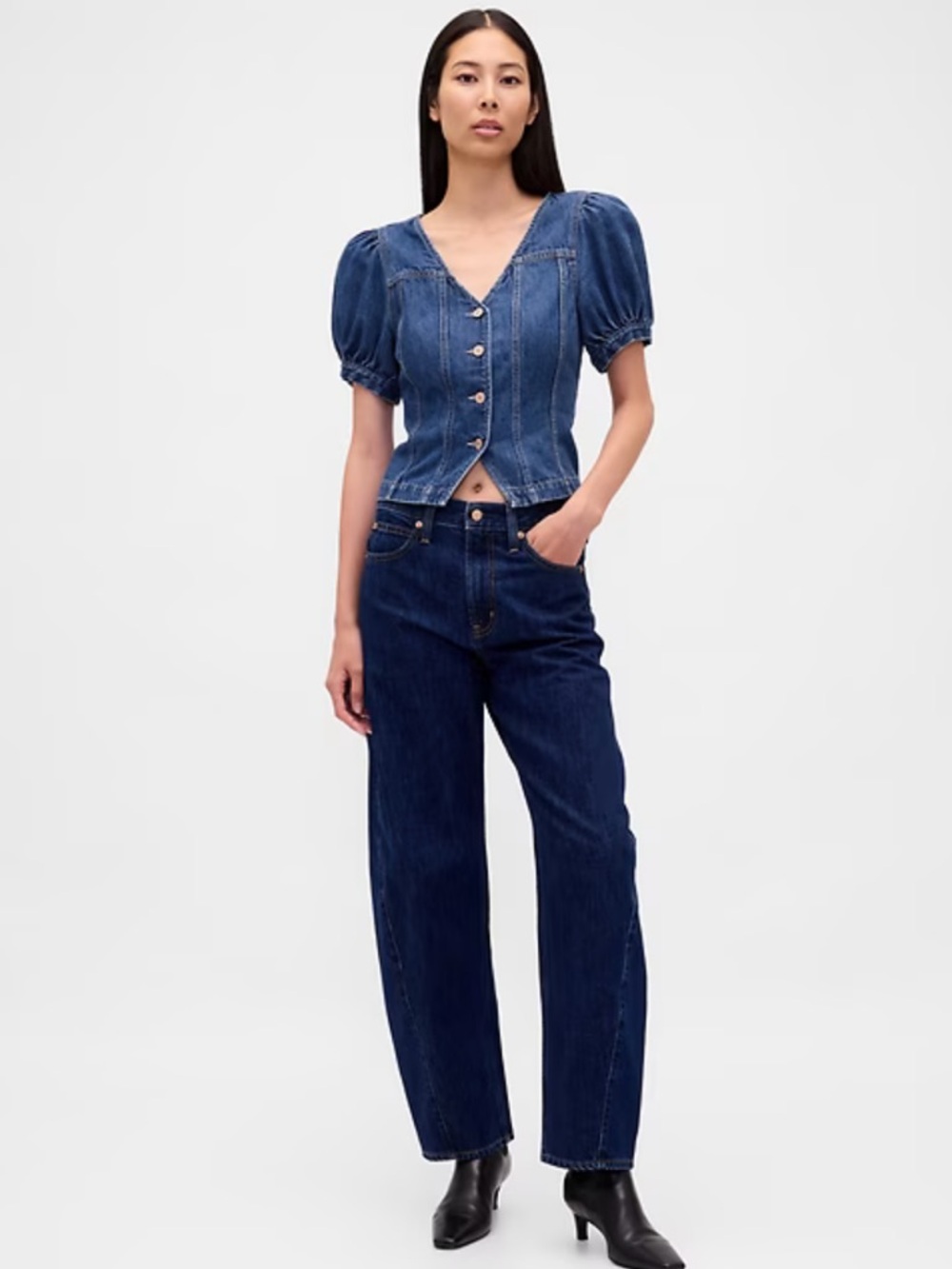 Denim Puff-Sleeve Button Front Top - Blue - Picture 3 of 9